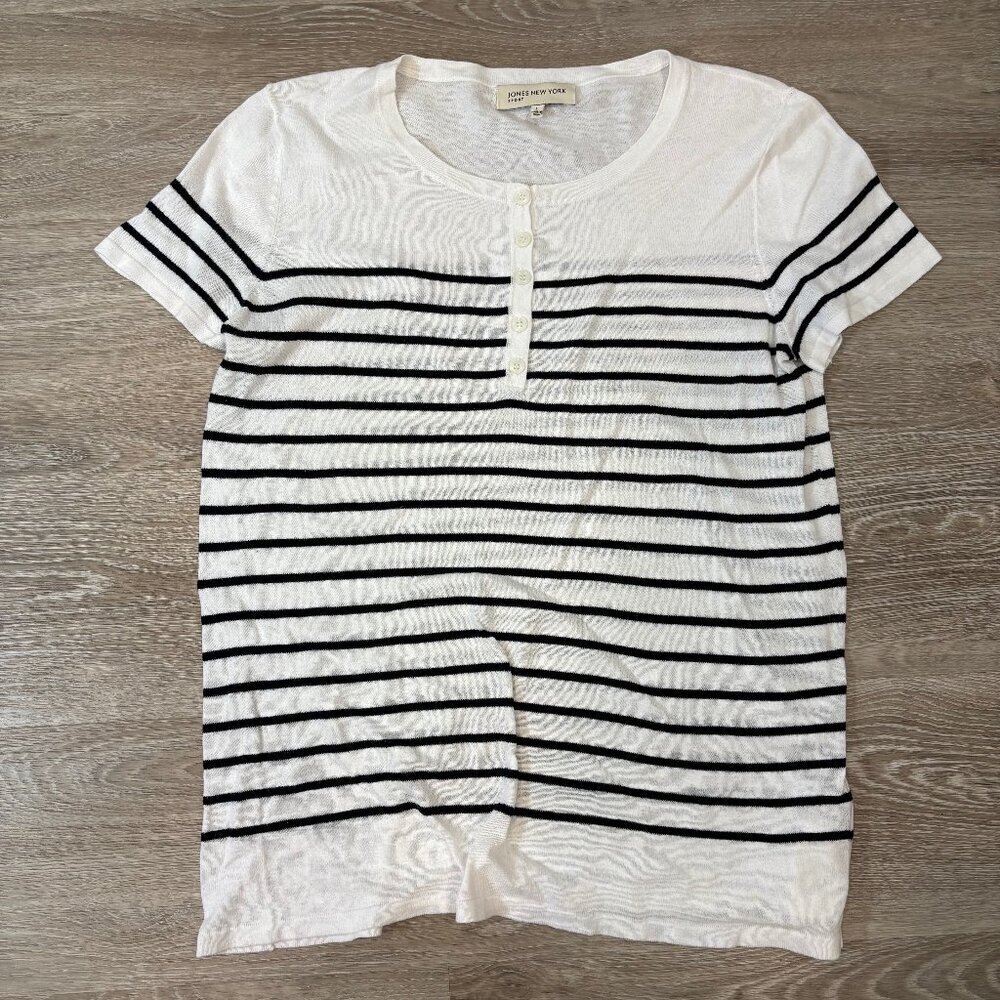 Jones New York Sport Henley Top Size L Striped Cap Sleeves Cotton Blend